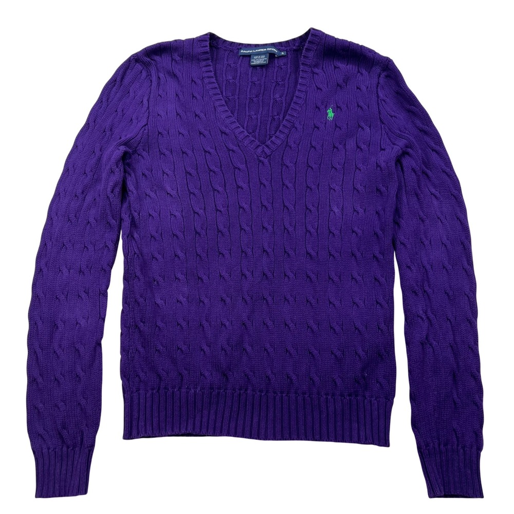 VTG Ralph Lauren Sport V-Neck Sweater Womens XL Purple Cable Knit Cotton 90s